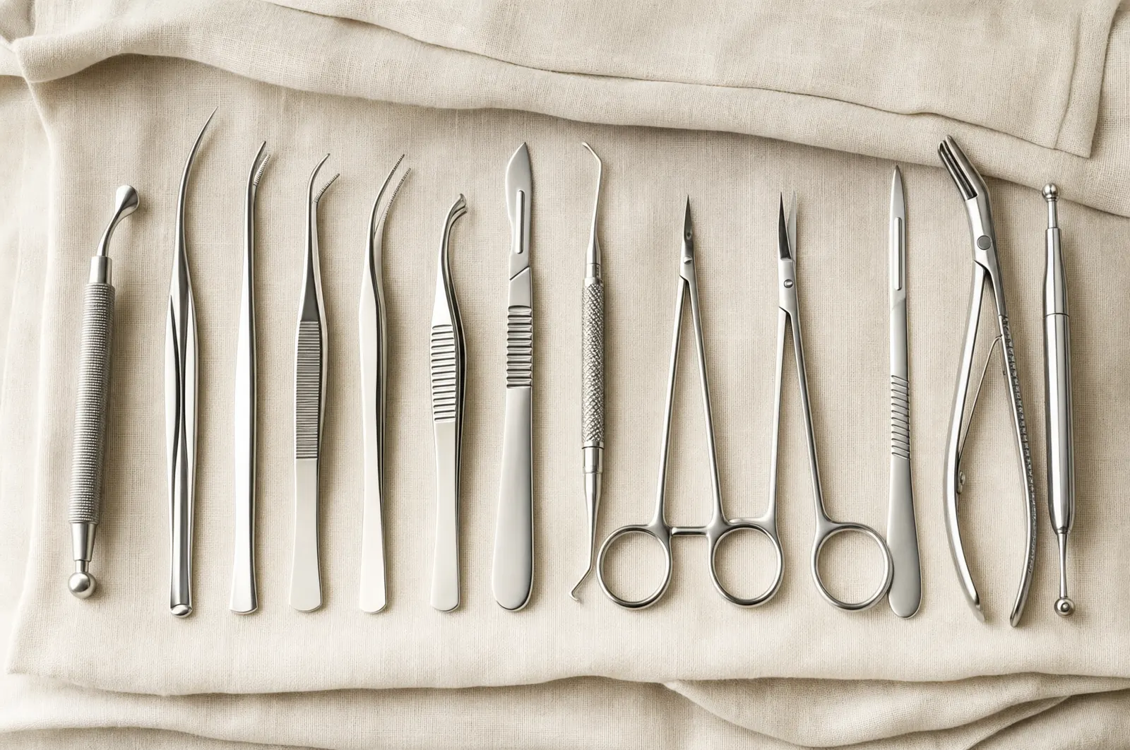 Rhinoplasty instruments laid out in a row on folded linen
