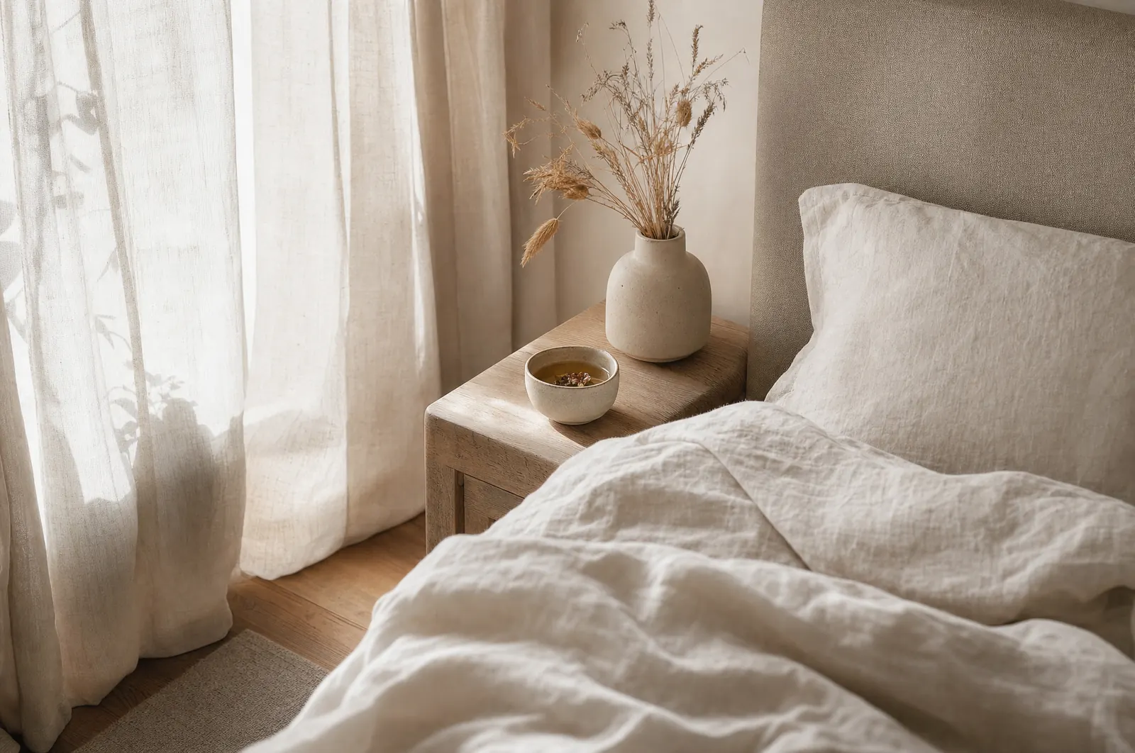 A quiet room with linen bedding and a cup of tea in morning light